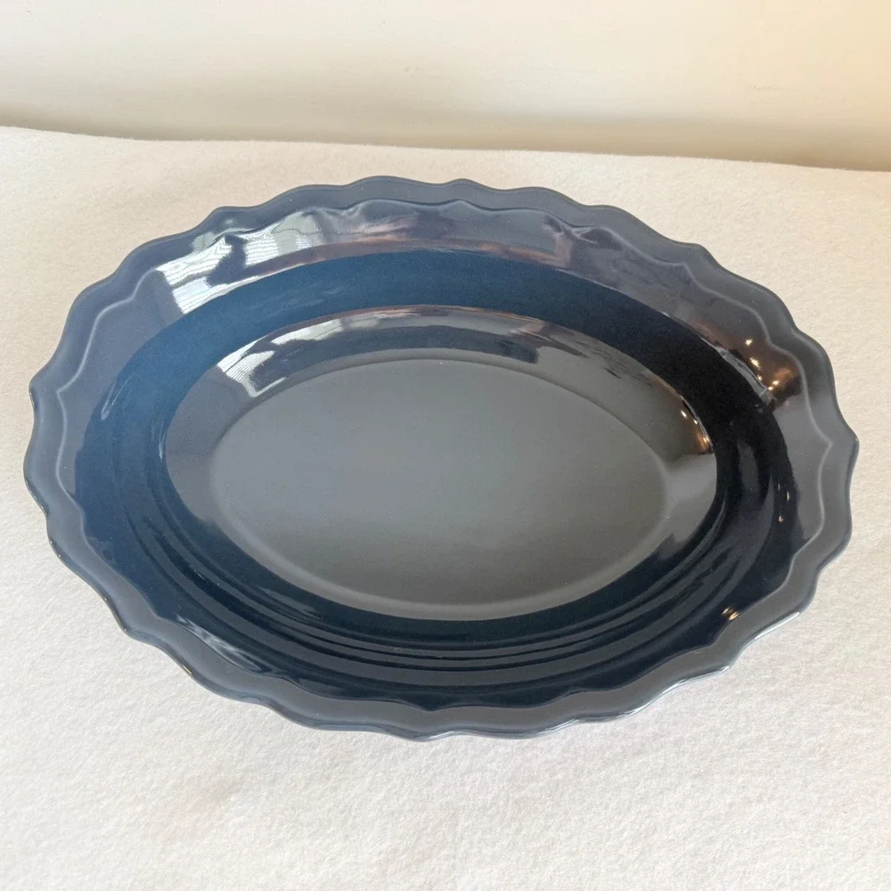 Matceramica Portugal‎ Navy Blue Scalloped Oval Serving Bowl Stoneware 13.5 Inch